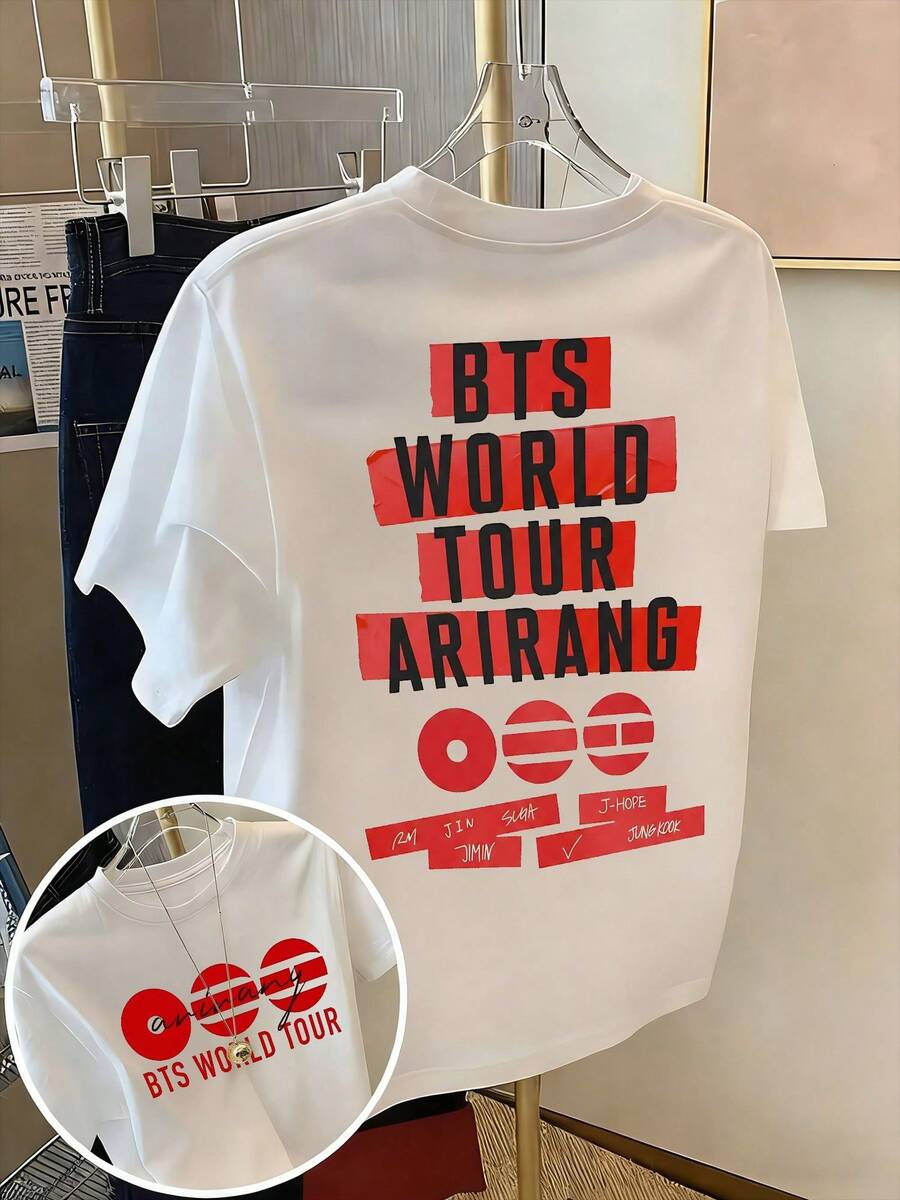 World Tour 2026 Two-Sided T-Shirt, Bangtan Comeback Double Sided Tee, K-Pop Boy Band Shirt, ARMYe Fan Gift, Elegant Party Women's Tee, Ideal For Travel, Home Wear, Parties & Casual Wear For Adults, Elegant & Fashionable Clothing | Playful Graphic Tee | Nontransparent Material - 白色 - 查看 1