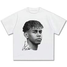 Ball - Yamal American Retro Crew Neck T-Shirt - Black Geometric Portrait Print, Unisex Casual Streetwear, All-Season Comfort, Regular Fit, Perfect Gift For Football &Amp; Soccer Fans, Soccer Fan Apparel - 白色 - 查看 1