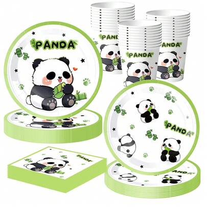 10Pcs Panda Birthday Decorations Cute Cartoon Animal Panda Themed Baby Shower Party Supplies Plates And Napkins Cups Set For 10 Guests