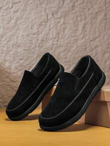 1双男士春季时尚乐福鞋，绒面软底套脚休闲鞋，户外休闲宽楦情侣乐福鞋 - 黑色 - 查看 3