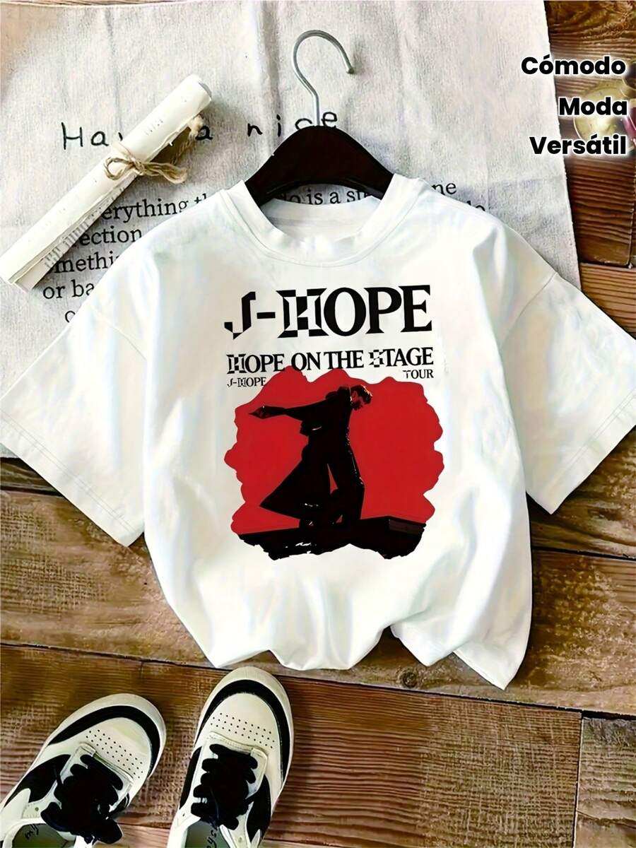 1 camiseta de moda para mujer, cuello redondo, estilo europeo y americano, primavera-verano, blanca, estampado de la gira de J-Hope, moderna y versátil, ideal para fans, regalo de cumpleaños o vacaciones, casual, cómoda, uso diario, diseño sencillo - Blanco - Ver 1
