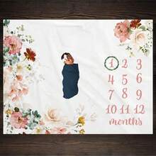 Manta de hitos para bebé niño o niña, manta de crecimiento de bebé con flores y animales, fondo de fotografía para recién nacidos con señales - Multicolor - Ver 10