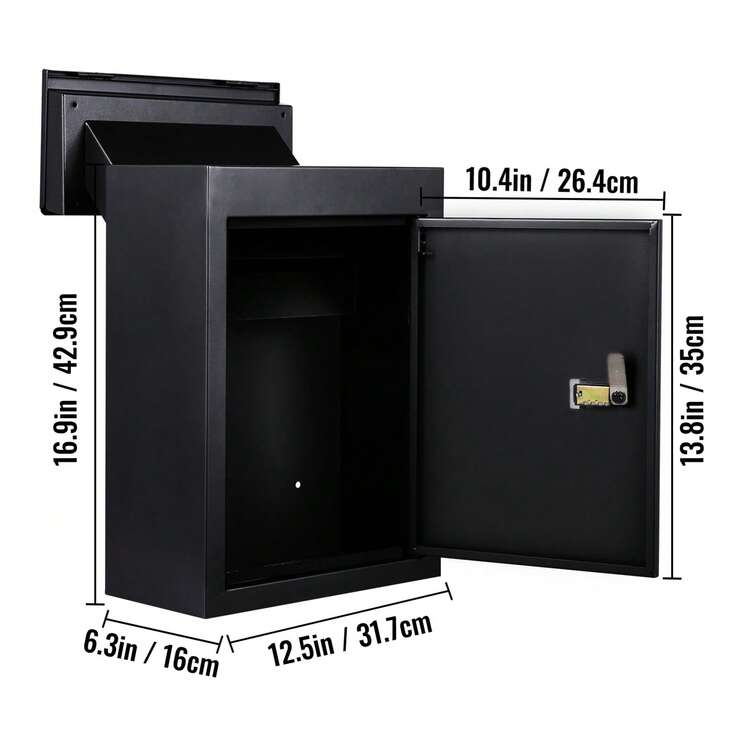Through The Wall Drop Box, 12.5\'\'x6.3\'\'x16.9\'\' Mail Drop Box With Adjustable Chute, Deposit Drop Box With Code Lock, Rainproof Wall Mount Mailbox For Letters, Rents, Check & Keys, Home & O - Black - View 10
