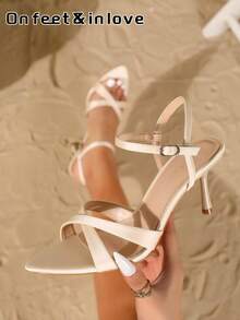 On feet& in love 女款時尚優雅尖頭交叉綁帶高跟涼鞋，適合搭配洋裝與婚禮，夏季鞋款 - 杏色 - 查看 1
