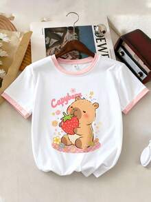 2pcs/Set Girls Capybara Print Round Neck T-Shirt And Shorts Set, Comfortable Minimalist Design, Suitable For Spring And Summer - Multicolor - View 4
