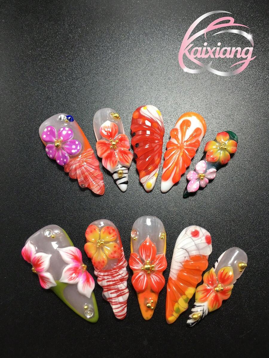 10片装,3.3厘米,手工制作,精致高跟鞋造型,饰以水钻、水滴、条纹和花瓣装饰,预裁切美甲套装,适合女性和女孩,是情人节、派对、节日和日常佩戴的理想之选。美甲配件、亚克力美甲套装,包含套装、手工压制美甲、假指甲贴纸和美甲用品。 - 彩色 - 查看 1