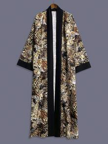 豹紋中長版長袖和服式薄款外套女款 歐美優雅派對街頭休閒度假罩衫外套 - 黑色 - 查看 3