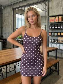 Women Sleeveless Spaghetti Strap Dress Summer Dot Print Scoop Neck Mini Bodycon Dress - Brown - View 6