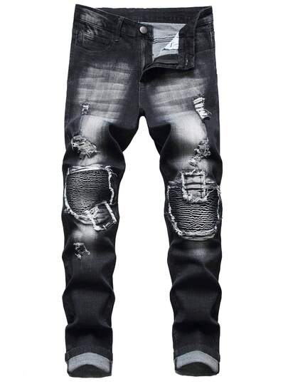Pantalones de motociclista para hombres, ajustados y rectos, con roturas, corte moto biker, con decoración de cremallera