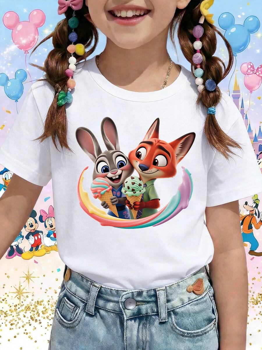 Disney Zootopia Nick & Judy Best Friends Ice Cream Printed Pattern T-Shirts For Girls - Children's Clothing Design Short-Sleeved Casual And Cute Style Comfortable And Casual Wear All Year Round Suitable For Parties And Play Machine Washable Gift Children's Clothing Girls' Short-Sleeved Shirts - White - View 1