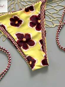 Bộ bikini nữ 2 mảnh in họa tiết hoa phối màu cổ điển, thích hợp cho bãi biển, hồ bơi, du thuyền, tiệc tùng vào mùa xuân và hè. - Vàng Tím - Xem 5