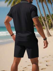 2pcs/Set Casual Polo Shirt Outfit, Short Sleeve T-Shirt With Polo Collar & Printed Pattern, Drawstring Waist Shorts, Suitable For Summer Sports, Beach, Outdoor - Black - View 3