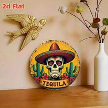 1pc 2D Flat - Vintage Mexican Bar Sign, 2D Design - Tequila Theme Round Metal Wall Art, Featuring Sombrero, Cactus And Floral Patterns - 19.79X19.79 Cm Iron Sign, Perfect For Home, Cafe, Pre-Drilled Holes As Shown In Size Diagram - Multicolor - View 6