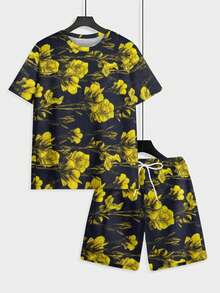 2-Piece Retro Fresh Knitted Fabric Full Rich Men's Holiday Trips Summer Black Base Yellow Floral Pattern Short Sleeve Beach Shorts Set - 彩色 - 查看 6