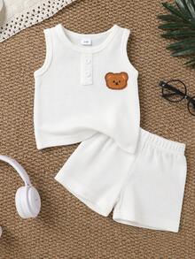 4pcs Set Cute Baby Boy Casual Soft Comfortable Cartoon Bear Embroidered Striped Knit Vest And Elastic Waist Sports Shorts - Multicolor - View 7