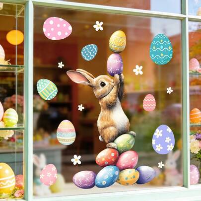 1/3pcs Easter Bunny Window Stickers, Cute Rabbit & Colorful Eggs Static Cling Decals, No Glue Needed, Suitable For Living Room, Shop, Glass Door, Spring Holiday Home Decor, Party Supplies