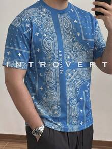 Men's Summer Bohemian Style T-Shirt Full Print Round Neck Loose Beach Beach Vacation Short Sleeved Top - Blue - View 2