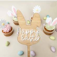 1pc/3pcs/6pcs Wooden Rabbit Easter Cake Decorations, Suitable For Easter Theme Party DIY Cake, Dessert, Baking Decor - Multicolor - View 2