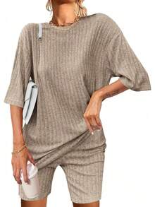 Pajamas 2 Piece Lounge Sets Ribbed Knit Matching Outfits T-Shirt Biker Shorts Sleepwear Loungewear Sweatsuits - Camel - View 7