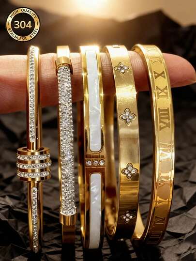 New Stylish Sparkling Stainless Steel Bracelet, Unisex Design Jewelry With Numeric, Floral, And Fully Paved Patterns, Suitable As Holiday Gift Or Daily Accessory