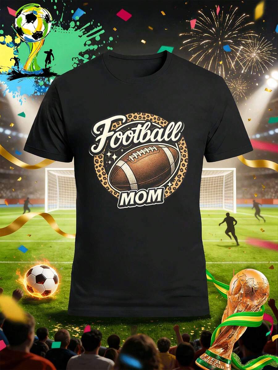 T-shirt imprimé léopard << Maman de footballeur », col rond, coupe ample, décontracté, imprimé accrocheur - Noir - Voir 1