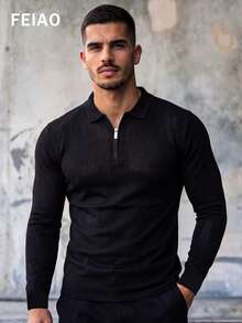FEIAO 男士复古风老钱美学针织 Polo 衫，弹力舒适，休闲度假通勤时尚百搭设计 - 黑色 - 查看 6