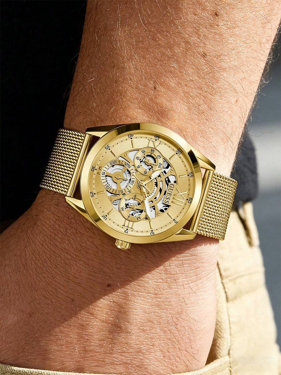 Guess Watches For Men Luxurious Gold Tone Iconic Multi-Function, Elite Watch With Bold Crystal Bezel & Textured Dial For Gentlemen, Premium Stainless Steel Band Skin-Friendly, Professional Business Office Social Anniversary Gift For Him Handsome Alpha Look, Water Resistant - GW0368G2 - Gold - View 1