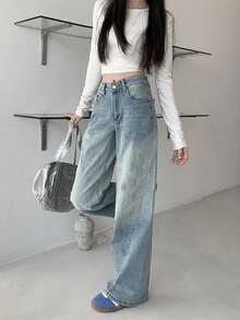 Quần jeans ống rộng nữ có túi và cúc, kiểu dáng thường ngày, đa năng. - Màu xanh nhạt - Xem 1