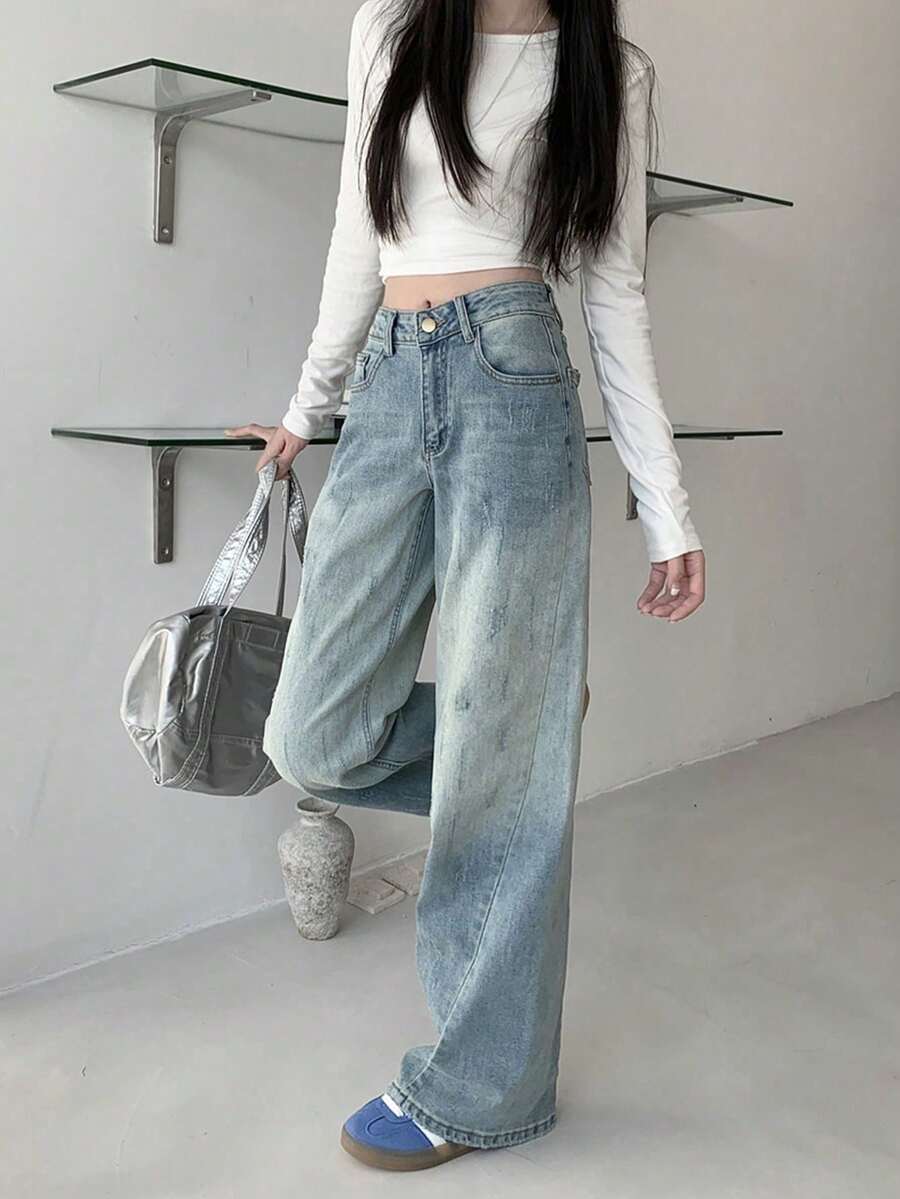 Quần jeans ống rộng nữ có túi và cúc, kiểu dáng thường ngày, đa năng. - Màu xanh nhạt - Xem 1