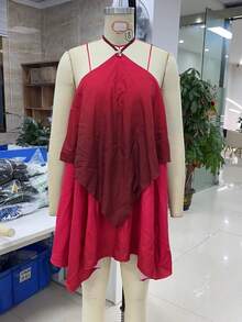 Women Ruffle Halter Neck Mini Dress Sheer Mesh Layered Open Back Dress Y2K Tiered Tie Back Going Out Dresses - 玫紅色 - 查看 6