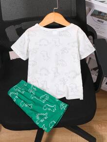 Bộ 2 món áo thun cổ tròn in hình khủng long cho bé trai, gồm áo thun và quần short, thích hợp mặc đi học và nghỉ hè, độ tuổi 4-7. - trắng - Xem 3