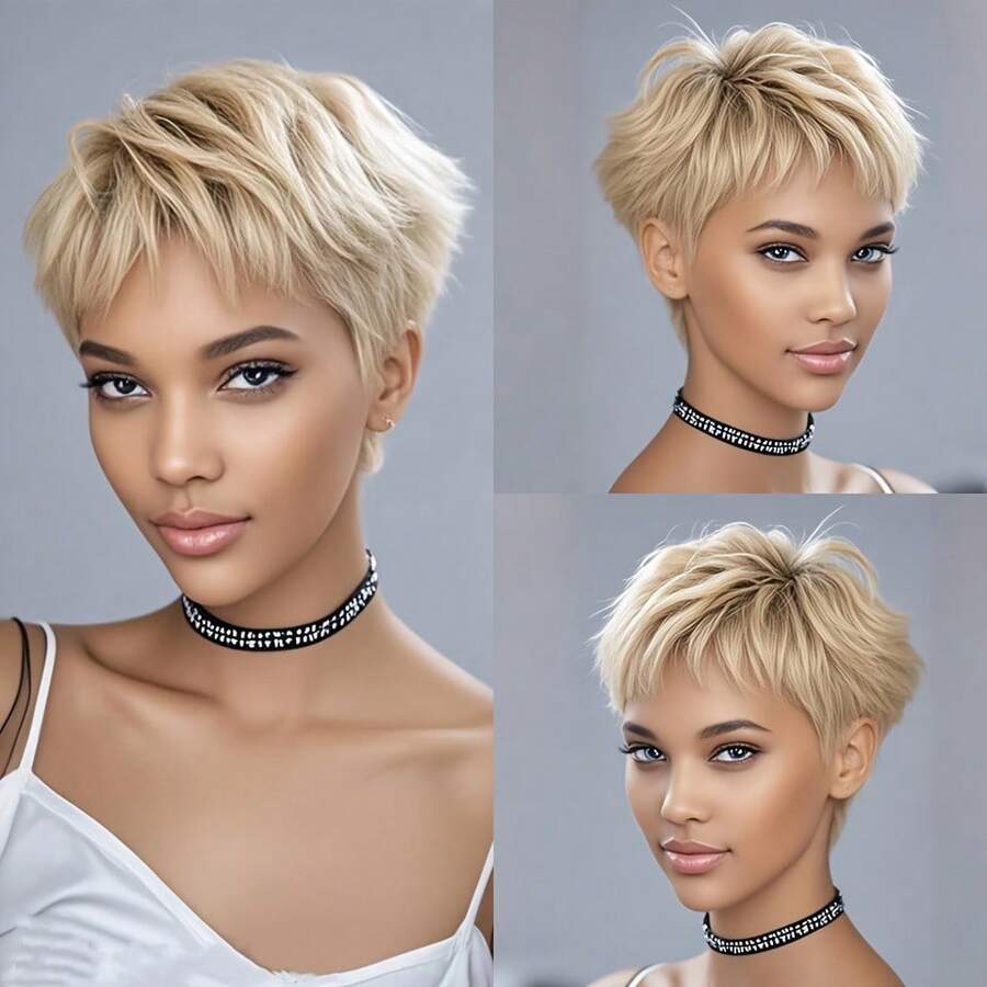 巴西 Remy 真人发，180% 密度，短直发精灵头假发，带刘海，613 金色，层次感直发造型，100% 真人发，适合日常佩戴和派对，时尚优雅假发 - S613 - 查看 1