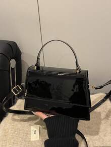 1pc New Fashionable Solid Color Textured PU Leather Flap Square Handbag, Minimalist Western Style Versatile Commuter Elegant Shoulder Bag With Detachable Adjustable Strap - Black - View 5