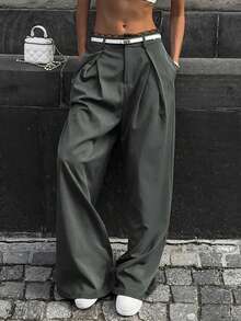 春夏新款时尚街头风蕾丝腰带宽松直筒条纹女裤，优雅正式通勤装，千禧年风格，夏季派对沙滩装，女士夏季装，新年装，情人节装 - 淺灰色 - 查看 7