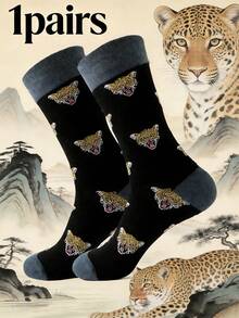 1 Pair Unisex Fashionable Leopard Print Black Background Mid-Calf Socks, Suitable For All Seasons, The Perfect Choice For Men And An Ideal Gift For Male/Female Friends, Parents, Grandparents, Great For Shopping, Hiking, Sports, Travel - Multicolor - View 1