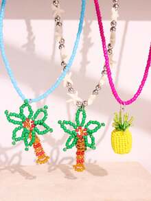 1pc Handmade Beaded Necklace With Coconut Tree, Pineapple, Starfish Pendants In Pink & Green, Colorful Y2K Minimalist Personalized Beach Jewelry - Multicolor - View 6