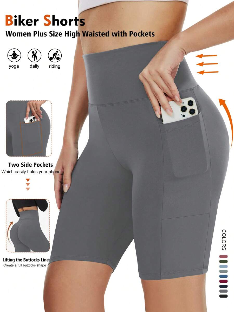 Calções de ciclismo femininos de cintura alta, leves e respiráveis, com elástico, bolsos e modelagem que acentua a cintura e o abdômen.