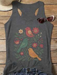 ELYSIAN WEAR 180G Vest Casual Summer Style Women's Sleeveless Top With Colorful Birds And Flowers Print For Nature Lovers And Outdoor Activities - 灰色 - 查看 1