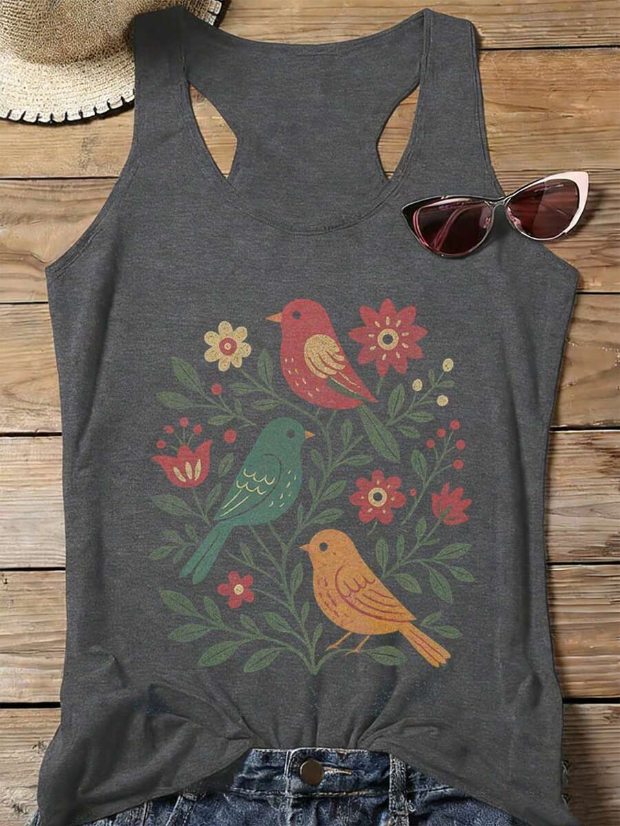 ELYSIAN WEAR 180G Vest Casual Summer Style Women's Sleeveless Top With Colorful Birds And Flowers Print For Nature Lovers And Outdoor Activities - 灰色 - 查看 1