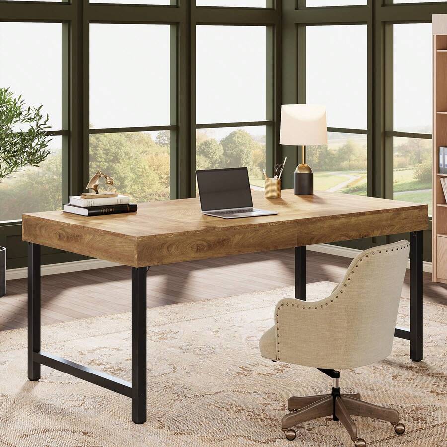 LITTLE TREE 55" Industrial Executive Desk, Rustic Computer Desk With Strong Metal Legs, Home Office Writing Study Table Workstation - Mocha Brown - View 1