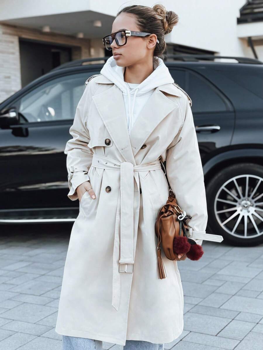 Damen-Trenchcoat mit doppelter Knopfleiste, knielang, normale Passform, Polyestergewebe, glattes Futter, Seitentaschen, klassischer Stil. - Beige - Übersicht 1