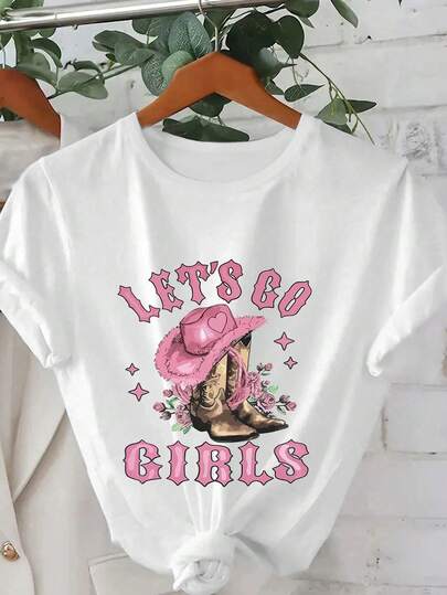 Plus Size Women "LET'S GO GIRLS" Slogan & Western Cowboy Hat With Rose & Star Decor Round Neck Short Sleeve Casual T-Shirt, Suitable For Spring, Summer, Autumn