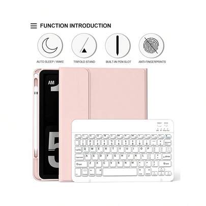 这款键盘保护套兼容 iPad (A16) 11 英寸第 11 代 (2025)，也适用于 iPad 10.2 英寸第 9/8/7 代、iPad Air 4/5/6、10.9/11 英寸以及 iPad Pro 11。支持自动睡眠/唤醒功能，配备可拆卸无线蓝牙键盘、内置 150mAh 电池、纤薄支架设计，并带有触控笔插槽 - 粉色