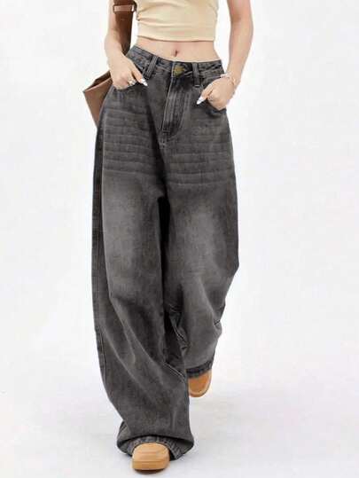 Jeans de pierna ancha con cintura media-baja, plisados, diseño de botón de metal, lavado oscuro, efecto desgastado retro 2026
