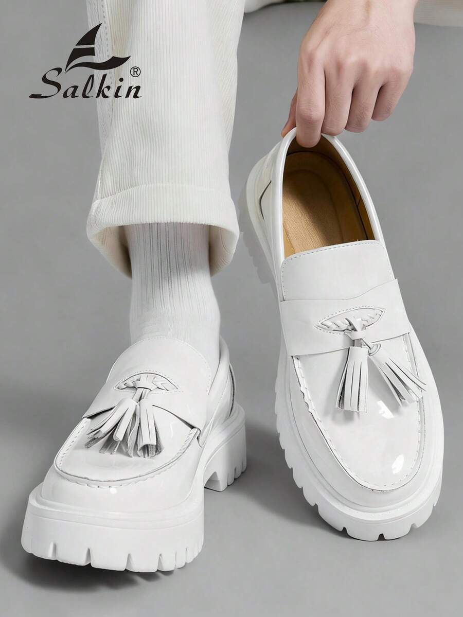 Salkin 新款时尚设计师男士流苏一脚蹬乐福鞋,优雅绅士社交鞋,亮面漆皮,柔软舒适,珍珠白色,休闲日常穿着,厚底增高,适合商务/正式/派对/婚礼,春/夏/秋季,建议选择大一码 - 白色 - 查看 1