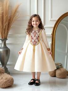 Young Girls Long Sleeve Metallic Ribbon Floral Print Satin Dress, Elegant For Birthday Party, Family Gathering, Does Not Include Headband - Champagne - View 4