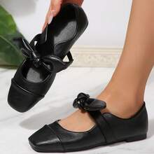 New Spring/Summer Low Vamp Versatile Bow Tie French Soft Leather Square Toe Flat Shoes,Ballet Flats - Black - View 2