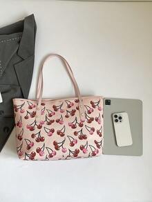 1pc Pink Metal Rivet Decor Large Capacity Cherry PU Tote Bag, Women Shoulder Bag For Winter - Pink - View 3
