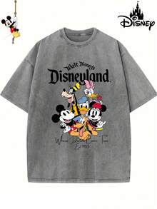 [Authorized By Disney] All Members Of Disneyland Have A Big Photo Print, And The Original License Is 1 Fashion Cartoon Short Sleeve Design, Cartoon Short Sleeve, Men's Cotton Washed T-Shirt. Soft And Breathable, It Can Be Used As A Gift For Disney Lovers. - 灰色 - 查看 1