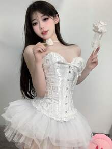 1 bộ đồ liền thân gợi cảm để cosplay, kiểu dáng buộc dây, áo corset điều chỉnh eo với nơ và khoen kim loại, chân váy peplum ren, thích hợp cho các bé gái chụp ảnh, dự tiệc, hóa trang. Màu trắng. - trắng - Xem 2